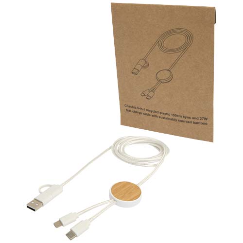 Chechia 5-in-1 150 cm datasynchronisatie- en 27 W snellaadkabel van gerecycled plastic met bamboe details